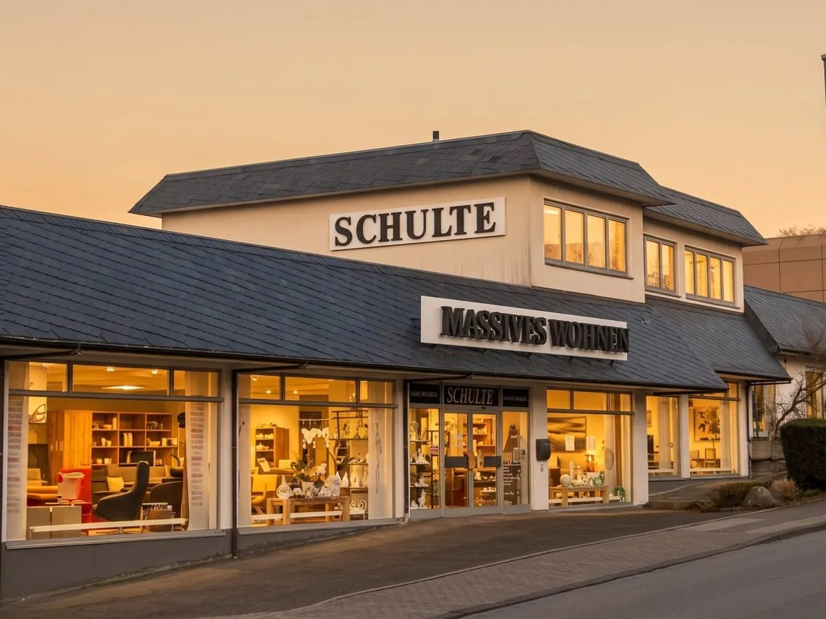 Das Ausstellungsgebäude von Massives Wohnen Schulte im Abendlicht